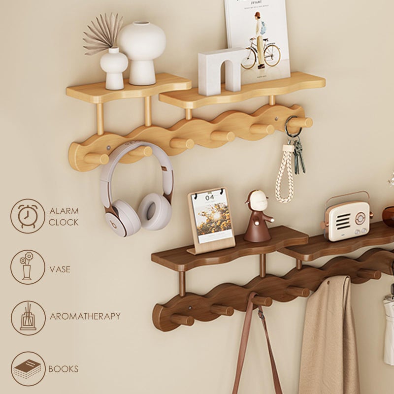 COVRA Wall-Mounted Coat Rack with Shelf, Wooden Coat Hanger with 6 Sturdy Hooks, Drill-Mounted Design for Hanging Clothes, Hats, Towels, Bags, and Robes (Brown) - Image 4