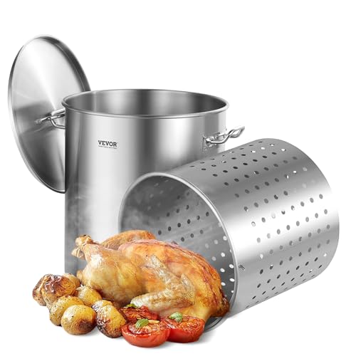 VEVOR Stainless Steel Stockpot 64 Quart Large Cooking Pots Cookware Sauce Pot with Basket Lid and Handle Heavy Duty Commercial Grade Stock Pot Sanding Treatment for Large Groups Events Silver - Image 1