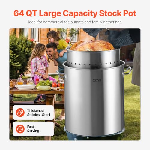 VEVOR Stainless Steel Stockpot 64 Quart Large Cooking Pots Cookware Sauce Pot with Basket Lid and Handle Heavy Duty Commercial Grade Stock Pot Sanding Treatment for Large Groups Events Silver - Image 3