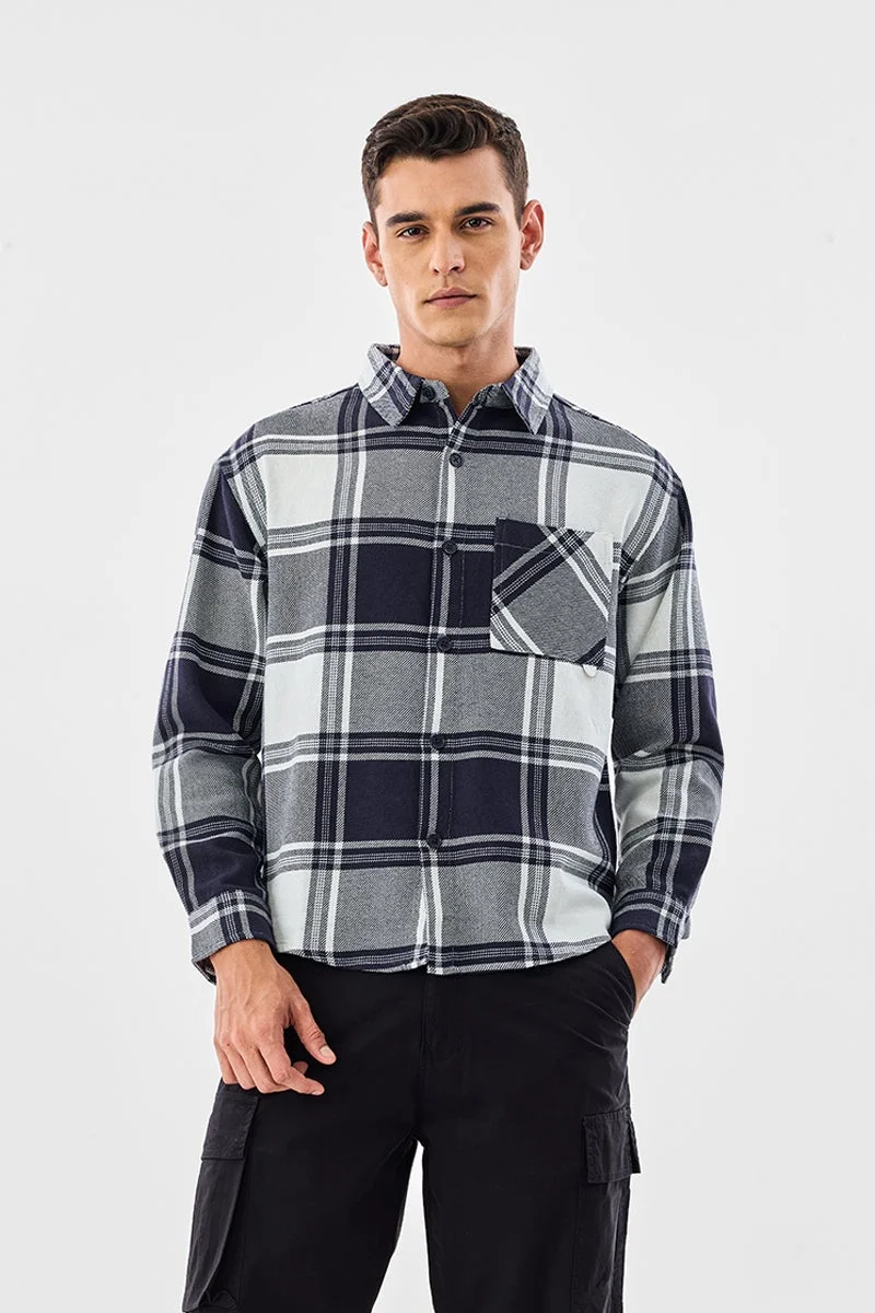 سنيتش Navy Checkered Long Sleeve Relaxed Overshirt