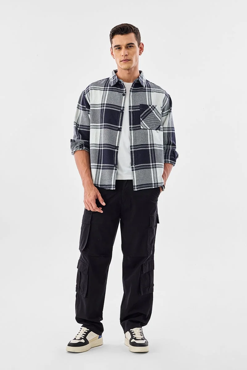 سنيتش Navy Checkered Long Sleeve Relaxed Overshirt