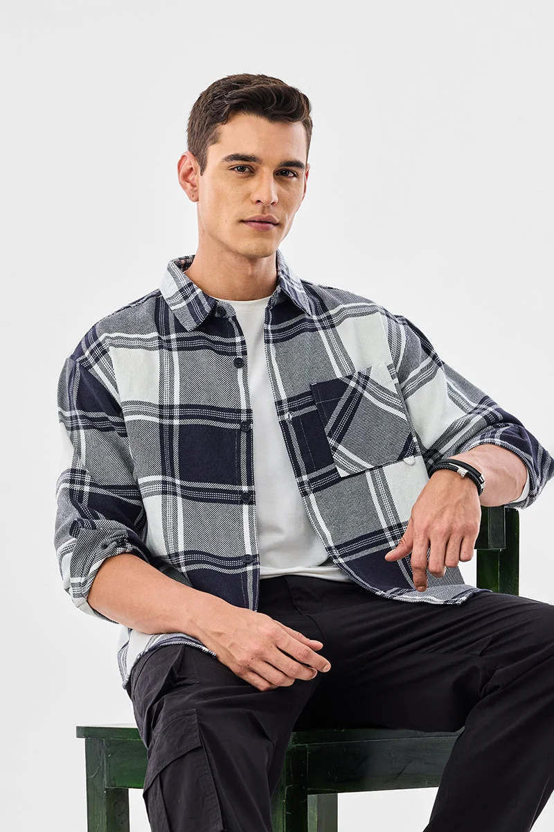 سنيتش Navy Checkered Long Sleeve Relaxed Overshirt