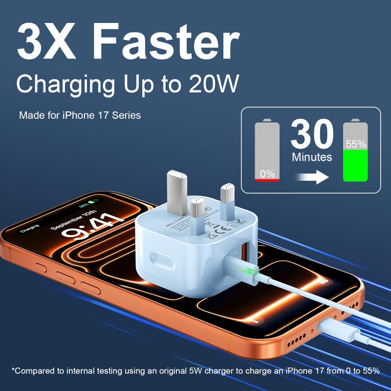 DiHines USB C Charger for iPhone 17 16 15 Charger 20W Fast Charger USB C Plug and Cable, 2 Pack Type C UK Wall Phone Power Adapter USBC Lead for iPhone 17/16/15/Pro/Max/Air/Plus/iPad/Samsung S25 Ultra/S24/S23 - Image 2