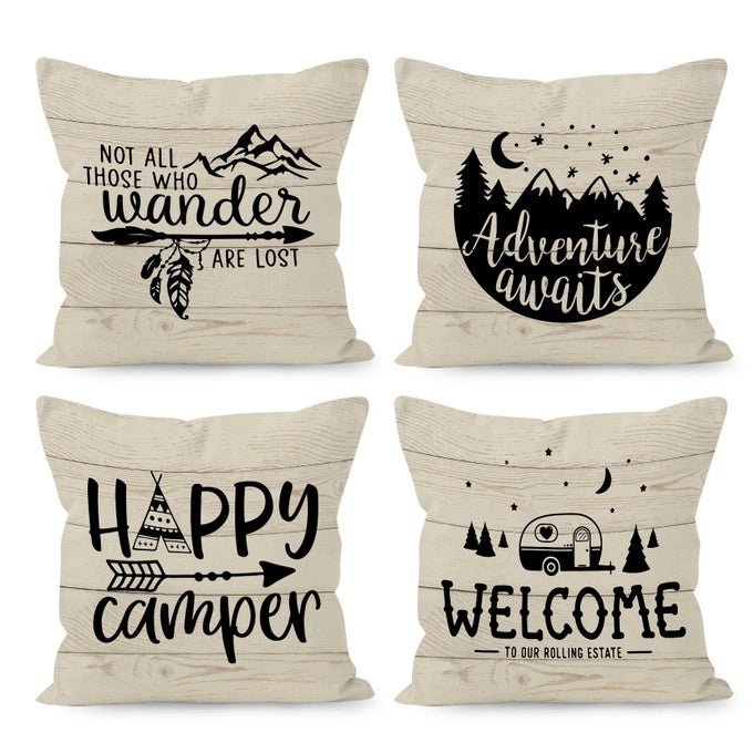 HAPPY CAMPER CAMPING WELCOME DECORATIVE THROW PILLOW COVERS ADVENTURE AWAITS PILLOW CASES SET OF 4 18 X 18 INCH HOME RV DECOR