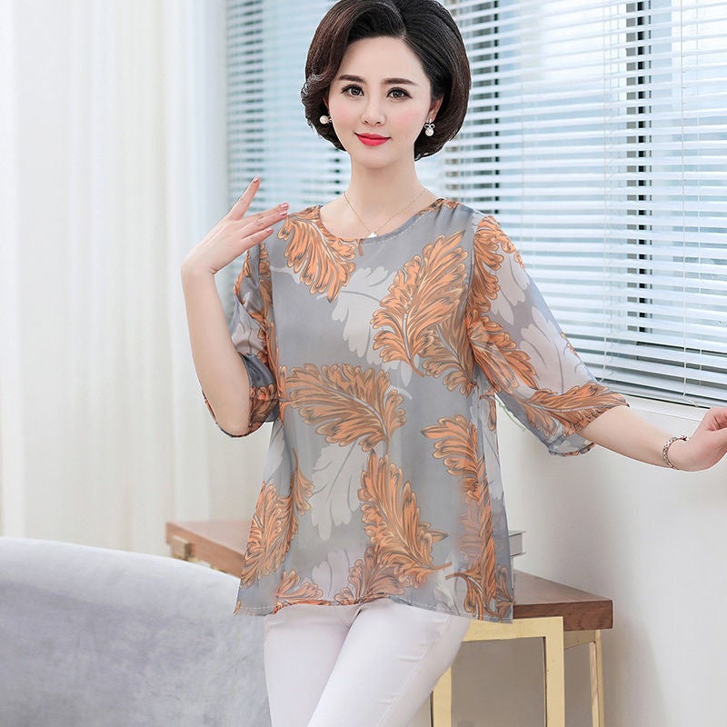 Young Mother'S Summer Western-Style Ice Silk Short-Sleeved Top For Middle-Aged And Elderly Belly Covering Loose T-Shirt - Image 2
