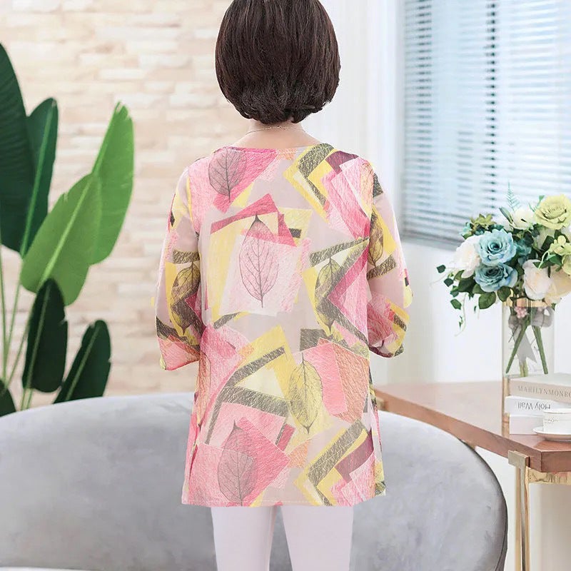 Young Mother'S Summer Western-Style Ice Silk Short-Sleeved Top For Middle-Aged And Elderly Belly Covering Loose T-Shirt - Image 5