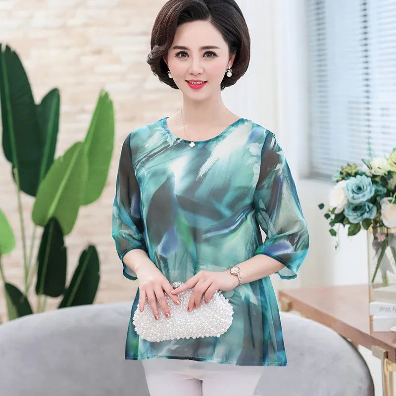 Young Mother'S Summer Western-Style Ice Silk Short-Sleeved Top For Middle-Aged And Elderly Belly Covering Loose T-Shirt - Image 4