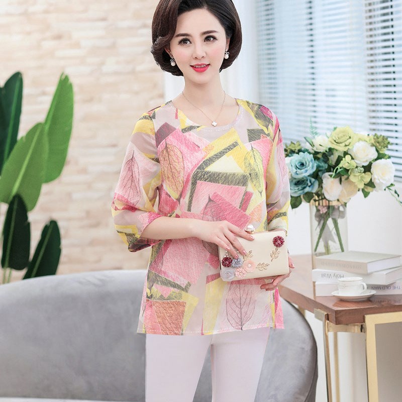 Young Mother'S Summer Western-Style Ice Silk Short-Sleeved Top For Middle-Aged And Elderly Belly Covering Loose T-Shirt - Image 3
