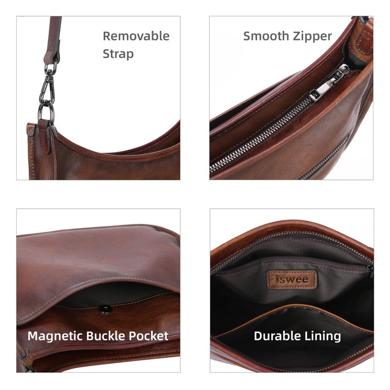 Iswee Leather Crossbody Bag for Women Purses and Handbags Vintage Hobo Purse Zipper Shoulder Bag with Wide Strap Casual Office Work Tote Medium (Coffee) - Image 5