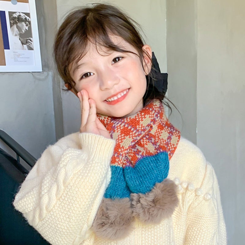Cute Knitted Baby Winter Scarf with Pompoms Plaid orange  - Image 5