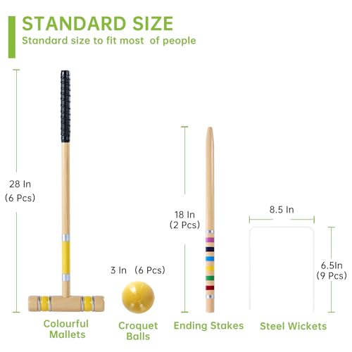 Pointyard 28" Croquet Set for 6 Players - Premium Wooden Mallets, Colored Balls & Carry Bag - Outdoor Games for Adults/Families at Lawn, Beach, Yard Game,Anti-Slip Handle - Image 3