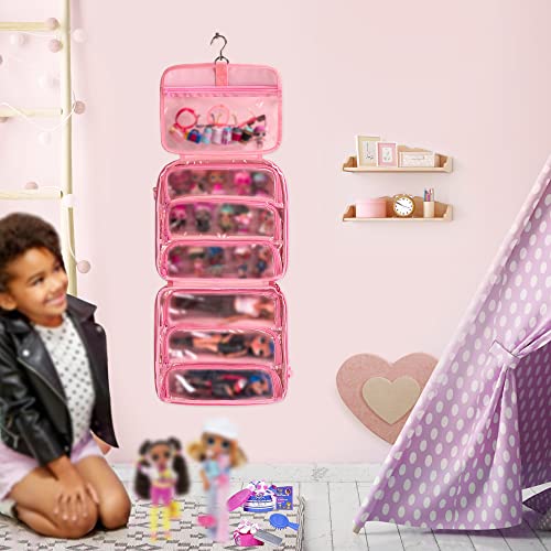 LoDrid Doll Carrying Case Compatible with LOL Surprise OMG, Display Organizer Compatible with Big Sister 3-inch Dolls with a Hanging Hook and 7 Clear Zipper Pockets, Bag Only, Pink(Patent Design) - Image 4