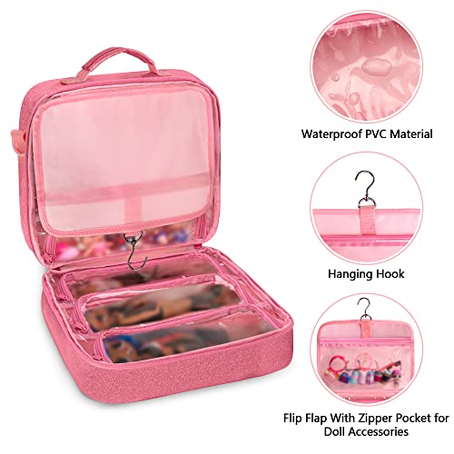 LoDrid Doll Carrying Case Compatible with LOL Surprise OMG, Display Organizer Compatible with Big Sister 3-inch Dolls with a Hanging Hook and 7 Clear Zipper Pockets, Bag Only, Pink(Patent Design) - Image 2