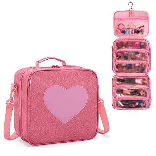 LoDrid Doll Carrying Case Compatible with LOL Surprise OMG, Display Organizer Compatible with Big Sister 3-inch Dolls with a Hanging Hook and 7 Clear Zipper Pockets, Bag Only, Pink(Patent Design) - Image 1