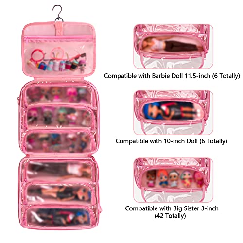 LoDrid Doll Carrying Case Compatible with LOL Surprise OMG, Display Organizer Compatible with Big Sister 3-inch Dolls with a Hanging Hook and 7 Clear Zipper Pockets, Bag Only, Pink(Patent Design) - Image 3