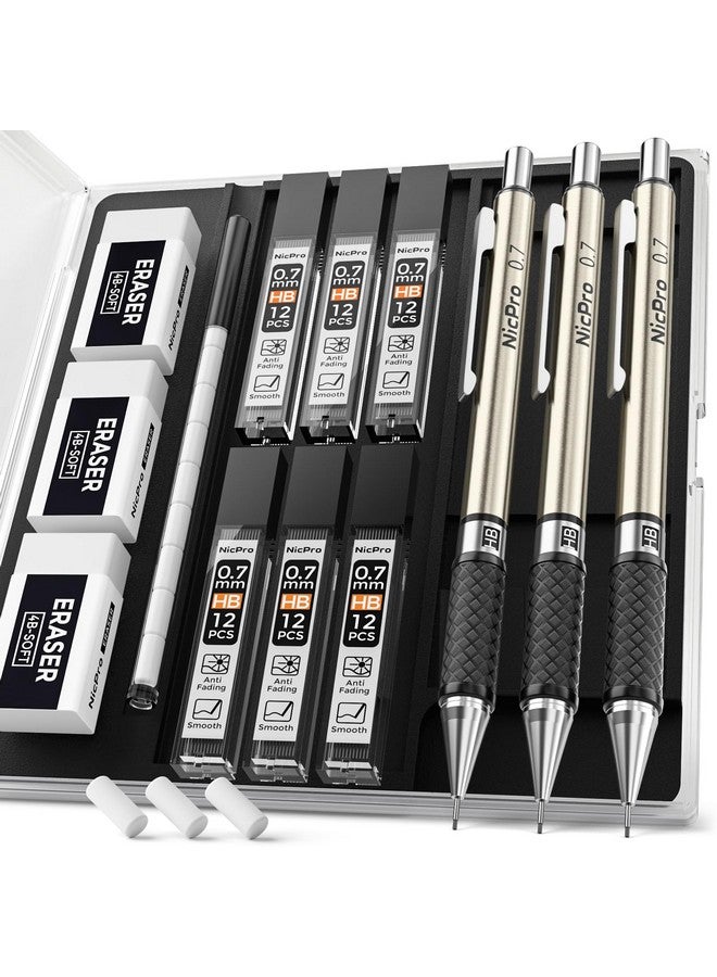 Nicpro 0.7 Mm Art Mechanical Pencil Set In Storage Case, 3 Pcs Metal Drafting Pencil Lead Pencil With 6 Tube Hb Lead Refills, 3 Erasers, 9 Pcs Eraser Refills For Artist Writing, Drawing, Sketching - Image 1