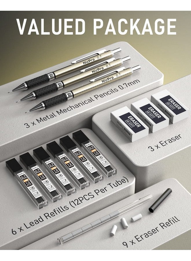 Nicpro 0.7 Mm Art Mechanical Pencil Set In Storage Case, 3 Pcs Metal Drafting Pencil Lead Pencil With 6 Tube Hb Lead Refills, 3 Erasers, 9 Pcs Eraser Refills For Artist Writing, Drawing, Sketching - Image 2