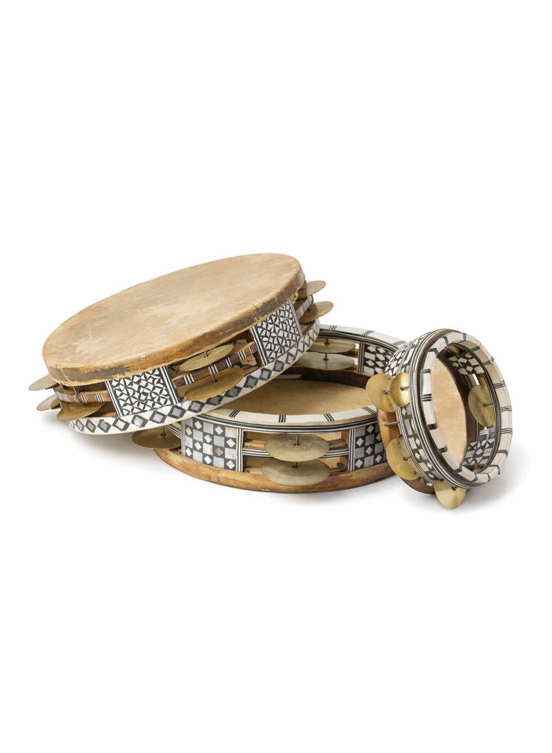 Oriental Wooden Riq Set Tambourine Req Traditional Egyptian Hand Drum Handmade Req Vintage Handheld Percussion Musical Instrument Cultural Crafts Souvenir Gift Decor Set of 3x Multi-size Riqs with Rawhide Drumhead & Jingles - 3 Pcs - Image 1