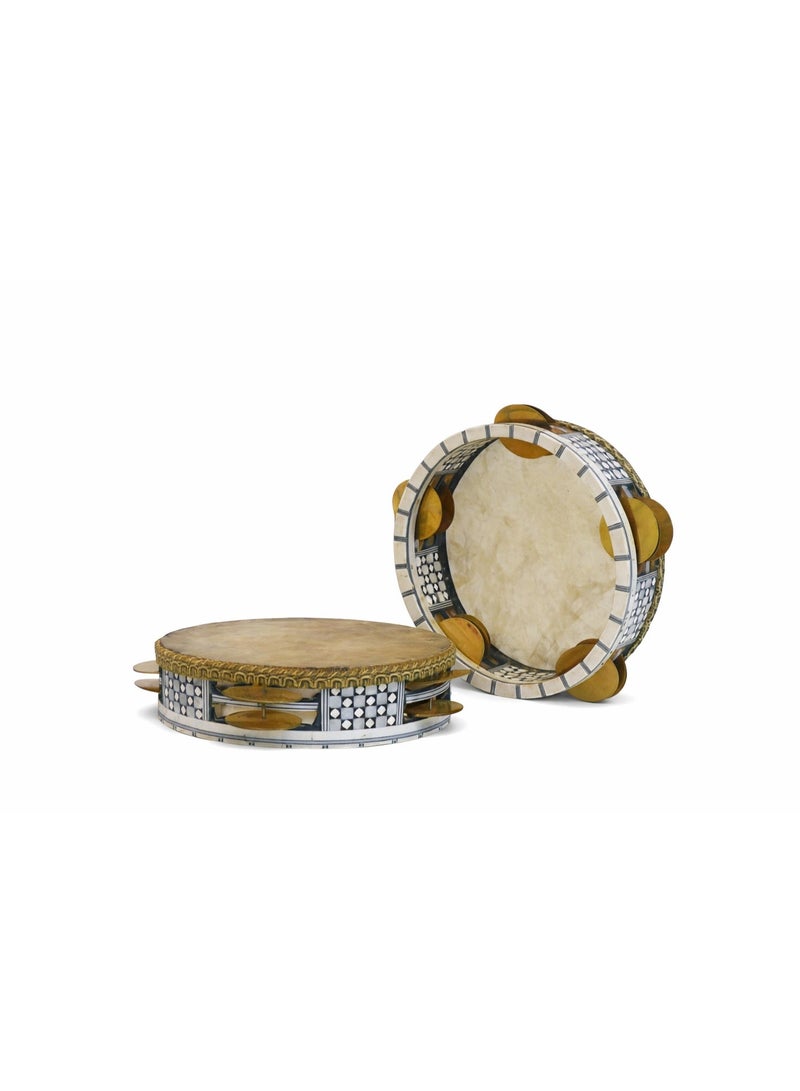 Oriental Wooden Riq Set Tambourine Req Traditional Egyptian Hand Drum Handmade Req Vintage Handheld Percussion Musical Instrument Cultural Crafts Souvenir Gift Decor Set of 3x Multi-size Riqs with Rawhide Drumhead & Jingles - 3 Pcs - Image 3