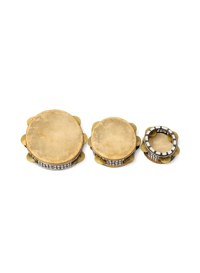 Oriental Wooden Riq Set Tambourine Req Traditional Egyptian Hand Drum Handmade Req Vintage Handheld Percussion Musical Instrument Cultural Crafts Souvenir Gift Decor Set of 3x Multi-size Riqs with Rawhide Drumhead & Jingles - 3 Pcs - Image 2