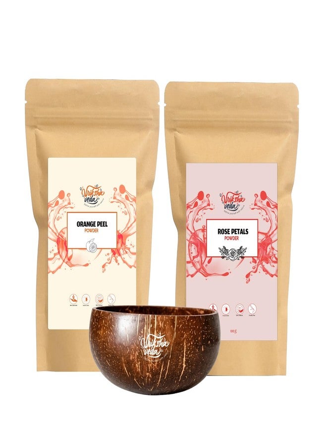 Vriksha Veda Orange Peel Powder & Rose Petals Powder with Coconut Bowl | 100% Natural Face Pack Combo | Skin Brightening, Tan Removal & Glow | Chemical-Free Skincare Set (100g Each) - Image 1