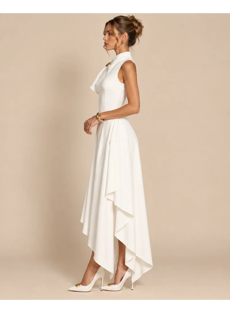 2Trendy Womens White Asymmetric Midi Dress with High Neck and Draped Shoulder Detail