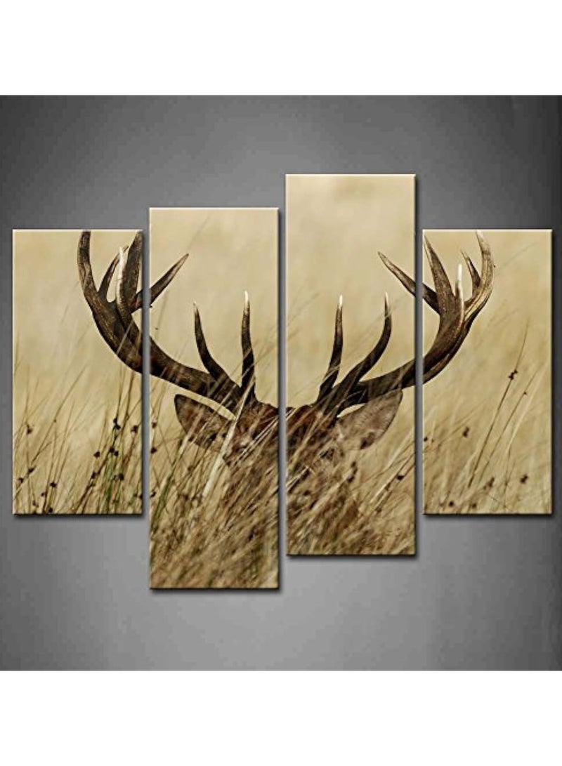 مؤسسة فكرة اليوم لوحة مكونة من 4 لوحات تصور غزالًا ذو قرون طويلة في الشجيرات، مطبوعة على قماش، صور حيوانات، لتزيين المنزل، قطعة هدية (مشدودة بإطار خشبي، جاهزة للتعليق) - Image 1