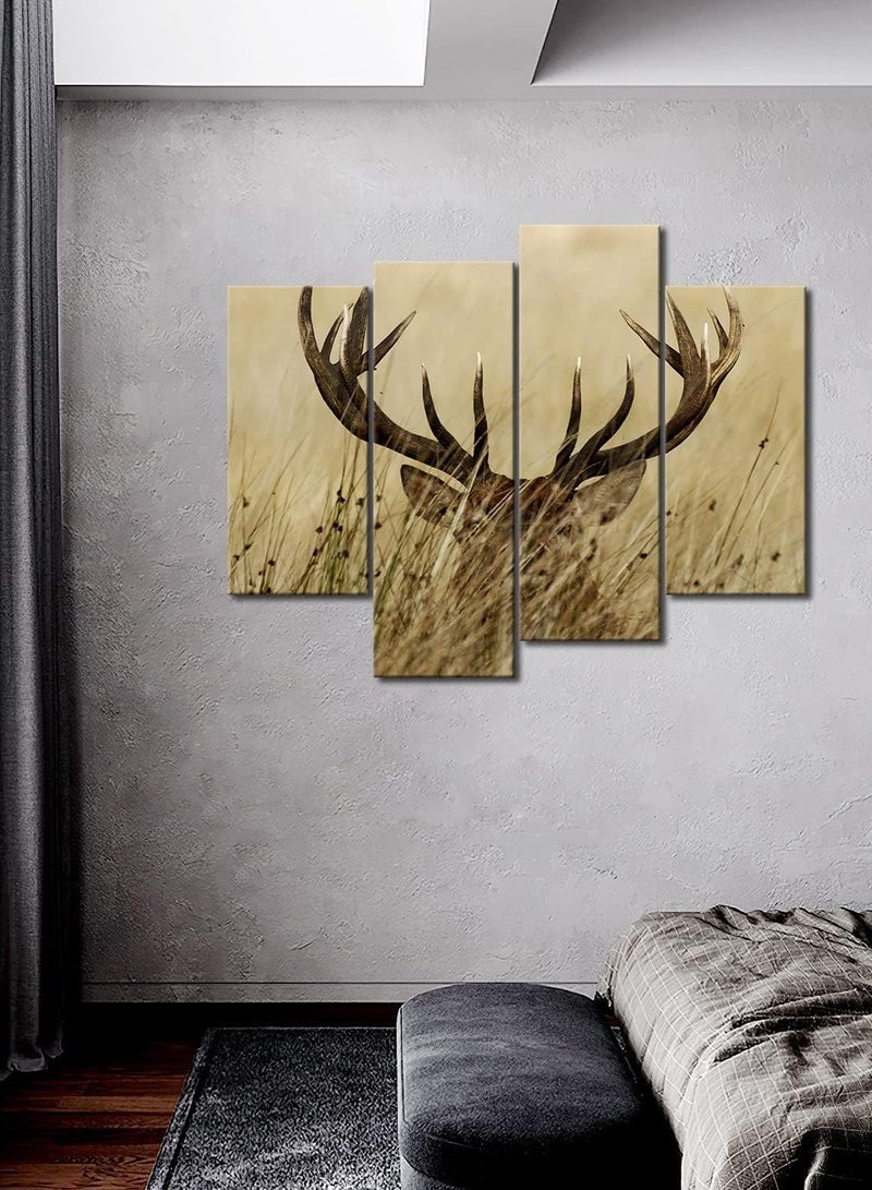 مؤسسة فكرة اليوم لوحة مكونة من 4 لوحات تصور غزالًا ذو قرون طويلة في الشجيرات، مطبوعة على قماش، صور حيوانات، لتزيين المنزل، قطعة هدية (مشدودة بإطار خشبي، جاهزة للتعليق) - Image 2