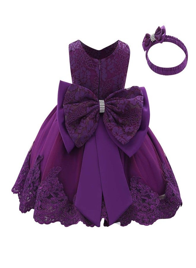 OBEEII Flower Girl Embroidered Lace Tutu Dress Infant Baby Girls V Neck Bowknot First Birthday Dress Princess Wedding Formal Event Pageant Christmas Dress Summer Party Dresses Purple 12-18 Months - Image 1