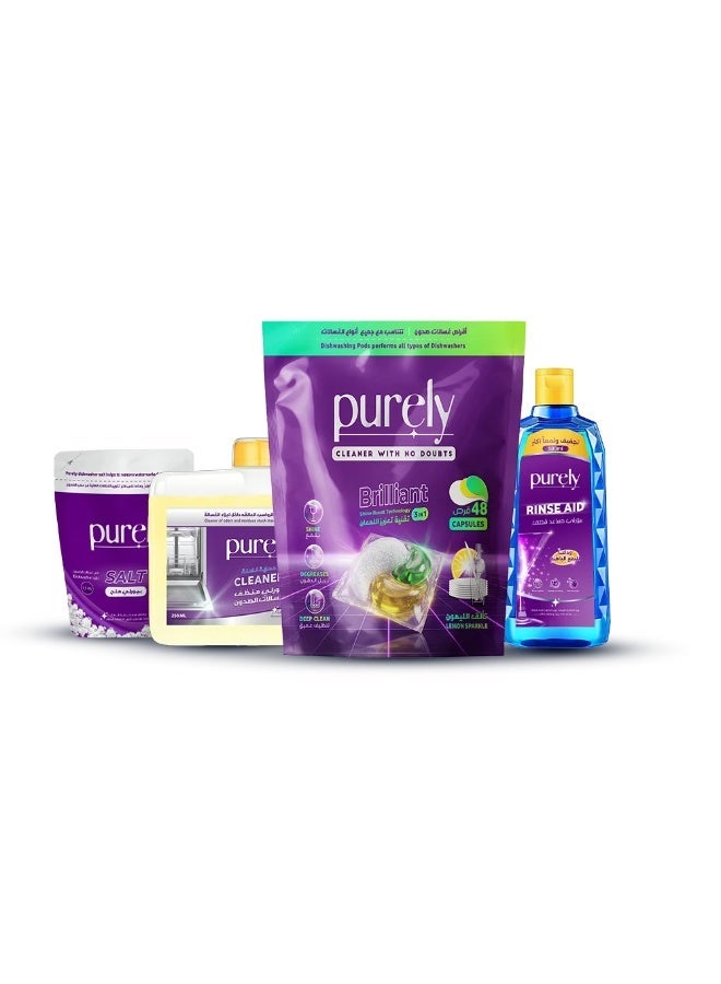Purely Shine Bundle Dishwasher Tablets All in One 48 Tabs + Rinse Aid + Dishwasher Salt + Dishwasher Cleaner, Grease Remover, Anti Limescale, Spotless Shine, Quick Dry Formula - Image 1