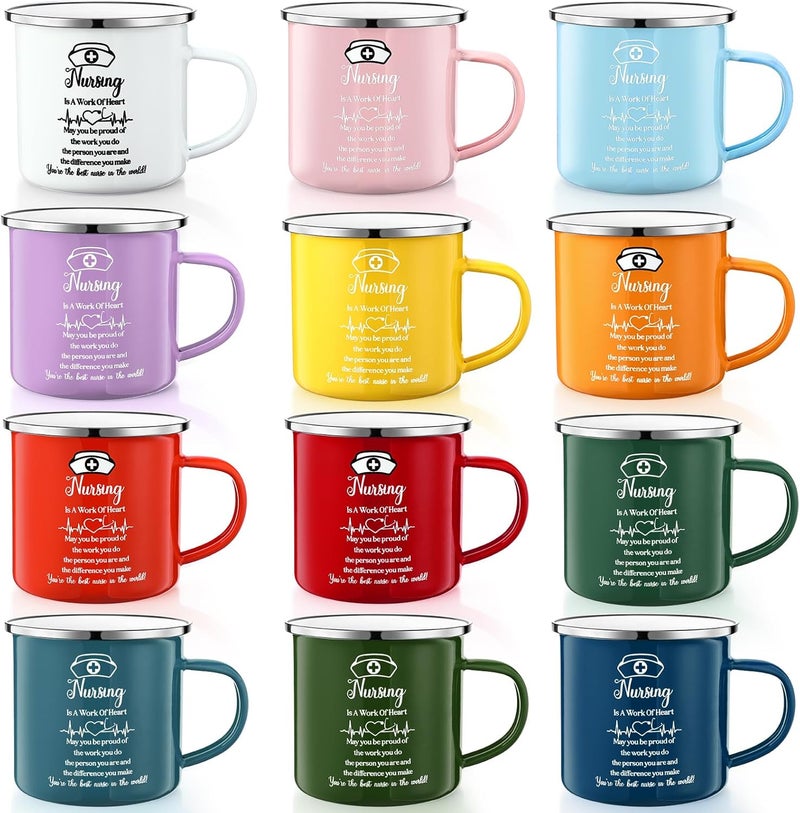 SiliFine 12 Pcs Nurse Week Gifts Bulk 2025 Nurse Appreciation Cup 12 oz Enamel Nursing Coffee Mugs with Handle for Nurses Day Women Doctor Assistant Graduation Christmas Thank You Gift - Image 1
