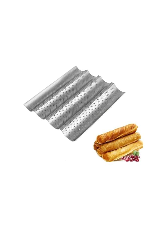 Nonstick Perforated Baguette Pan, French Stick Baking Moulds Pan Non-Stick Perforated French Bread Pan Baguette Mould for Baking 4 Loaves Wave Baker (Silver)