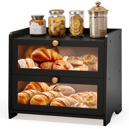 JANSNIMEN Double Layer Bread Box for Kitchen Countertop Large Breadbox Bread Container Storage with Acrylic Door Wooden Farmhouse Bread Holder Black Medim157 L x 95 W x 13 H - Image 1