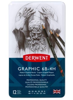 ديروينت أقلام رسم جرافيت متوسطة الحجم من Derwent Graphic، للرسم والكتابة، مثالية للرسم التخطيطي، بجودة احترافية - 34214 (مجموعة من 12 قطعة، 6B-4H)  - Image 1