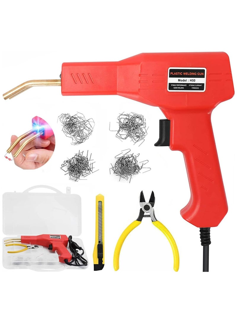 أوزيغالور طقم إصلاح اللحام البلاستيكي مع 400 قطعة مسامير، 4 أنواع لإصلاح صدوع مصدات السيارات والبلاستيك، أداة تدبيس حرارية 50 واط مع كماشة، تسخين سريع وتحكم في درجة الحرارة (أحمر) - Image 1