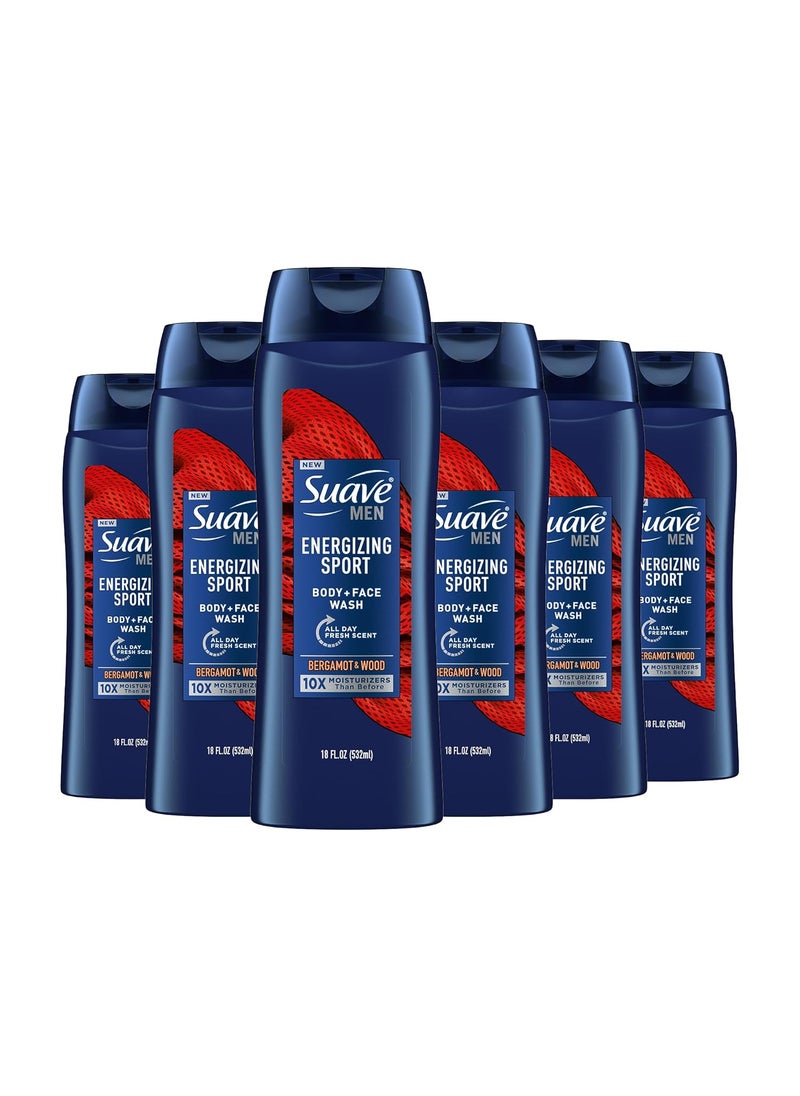 Suave Suave Men Moisturizing Body  Face Wash Energizing Sport with Bergamot  Wood Scent No Parabens No Phtahaltes 18 Oz Pack of 6 