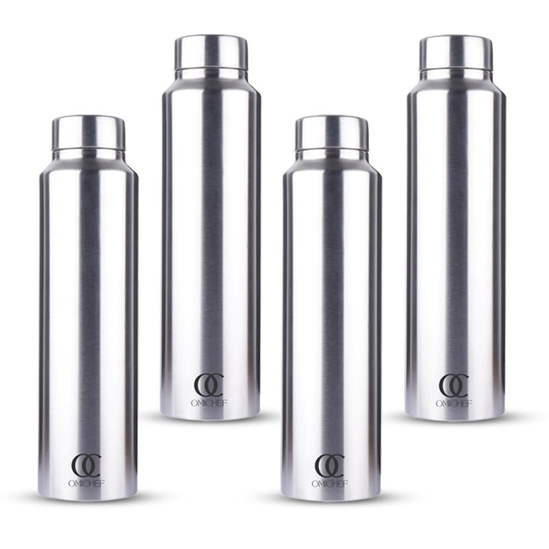 Omichef Aquapro Stainless Steel Single Wall 1000ML Fridge Water Bottle Best For HomeOfficeSchoolGym BPA Free Leak Proof Capacity 1000 ML Pack Of 4 - Image 1