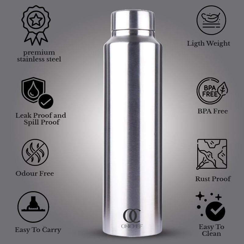 Omichef Aquapro Stainless Steel Single Wall 1000ML Fridge Water Bottle Best For HomeOfficeSchoolGym BPA Free Leak Proof Capacity 1000 ML Pack Of 4 - Image 5