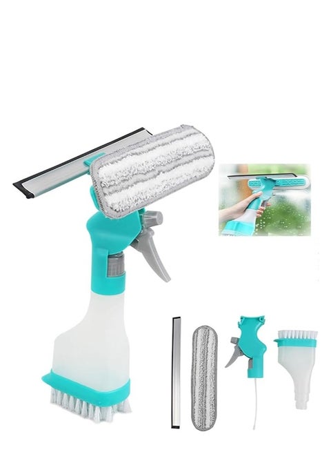 4-in-1 Multi-Purpose Window Glass Cleaner with Built-in Spray Bottle – Streak-Free Silicone Squeegee, Microfiber Pad, Ergonomic Handle – All-in-One Window Cleaning Kit for Home, Bathroom, Car, Shower & More