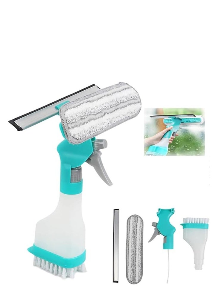 4-in-1 Multi-Purpose Window Glass Cleaner with Built-in Spray Bottle – Streak-Free Silicone Squeegee, Microfiber Pad, Ergonomic Handle – All-in-One Window Cleaning Kit for Home, Bathroom, Car, Shower & More