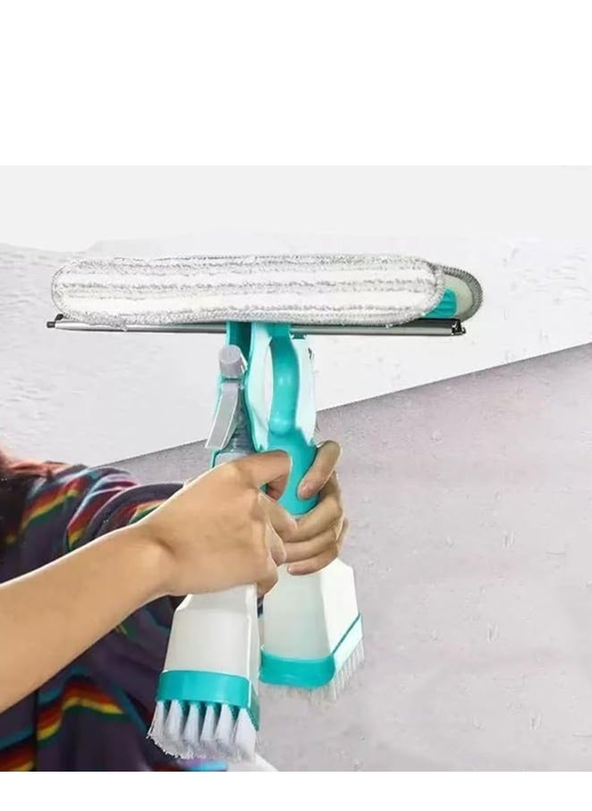 4-in-1 Multi-Purpose Window Glass Cleaner with Built-in Spray Bottle – Streak-Free Silicone Squeegee, Microfiber Pad, Ergonomic Handle – All-in-One Window Cleaning Kit for Home, Bathroom, Car, Shower & More