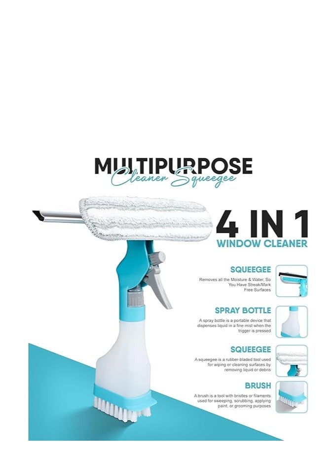 4-in-1 Multi-Purpose Window Glass Cleaner with Built-in Spray Bottle – Streak-Free Silicone Squeegee, Microfiber Pad, Ergonomic Handle – All-in-One Window Cleaning Kit for Home, Bathroom, Car, Shower & More
