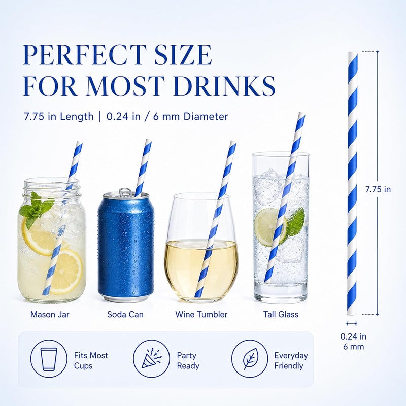 Haundry 100 Blue and White Striped Paper Straws, Biodegradable Disposable Drinking Straws for Birthday, Wedding, Baby Shower, Fourth of July, Party Decoration Supplies - Image 2