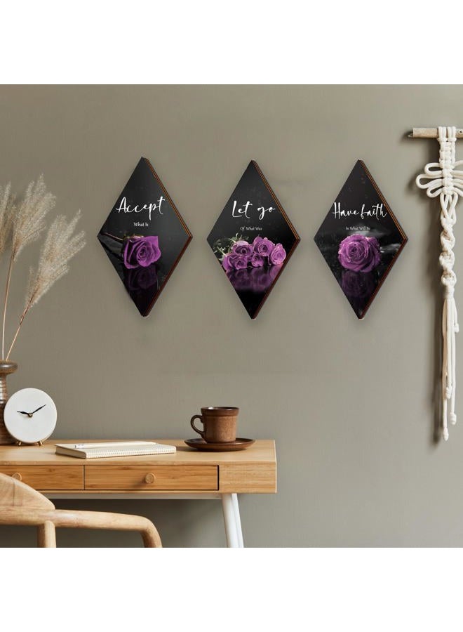 ZINYAZHE 3 Pcs Purple Wall Decor Inspirational Purple Rose Bathroom Decor Wooden Purple Wall Art Office Wall Decor with Accept Let Go Have Faith Sign for Girl Women Living Room Bedroom(Purple Rose 12 x 7 Inch) - Image 2