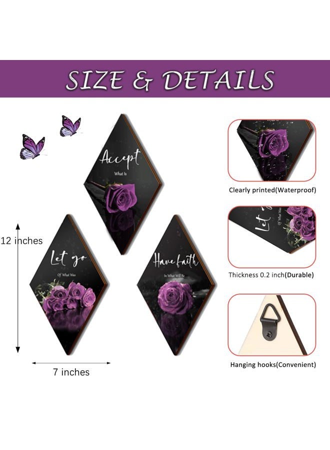 ZINYAZHE 3 Pcs Purple Wall Decor Inspirational Purple Rose Bathroom Decor Wooden Purple Wall Art Office Wall Decor with Accept Let Go Have Faith Sign for Girl Women Living Room Bedroom(Purple Rose 12 x 7 Inch) - Image 3