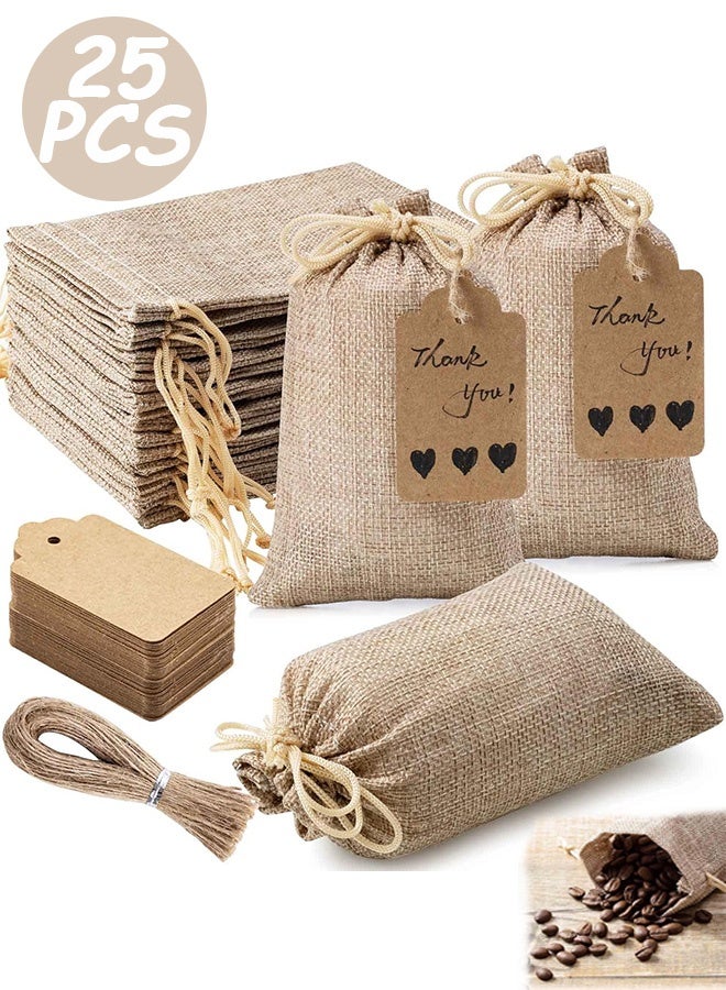 Quantum 25 PCS Premium Burlap Gift Bags With Drawstring And Gift Tags, Kraft Paper Gift Tags with Drawstring, Reusable Gift Burlap Linen Sacks Bag for Wedding - Image 1