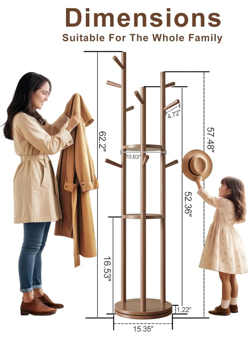 CityRiya-Long Coat Rack, Freestanding Coat Rack with Storage Shelves and Hooks, Rotating Coats Tree, Garment Hanger Stand for Bedroom, Entryway, Clothes Organizer Racks for Robe, Hats, Handbags (Brown) - Image 4