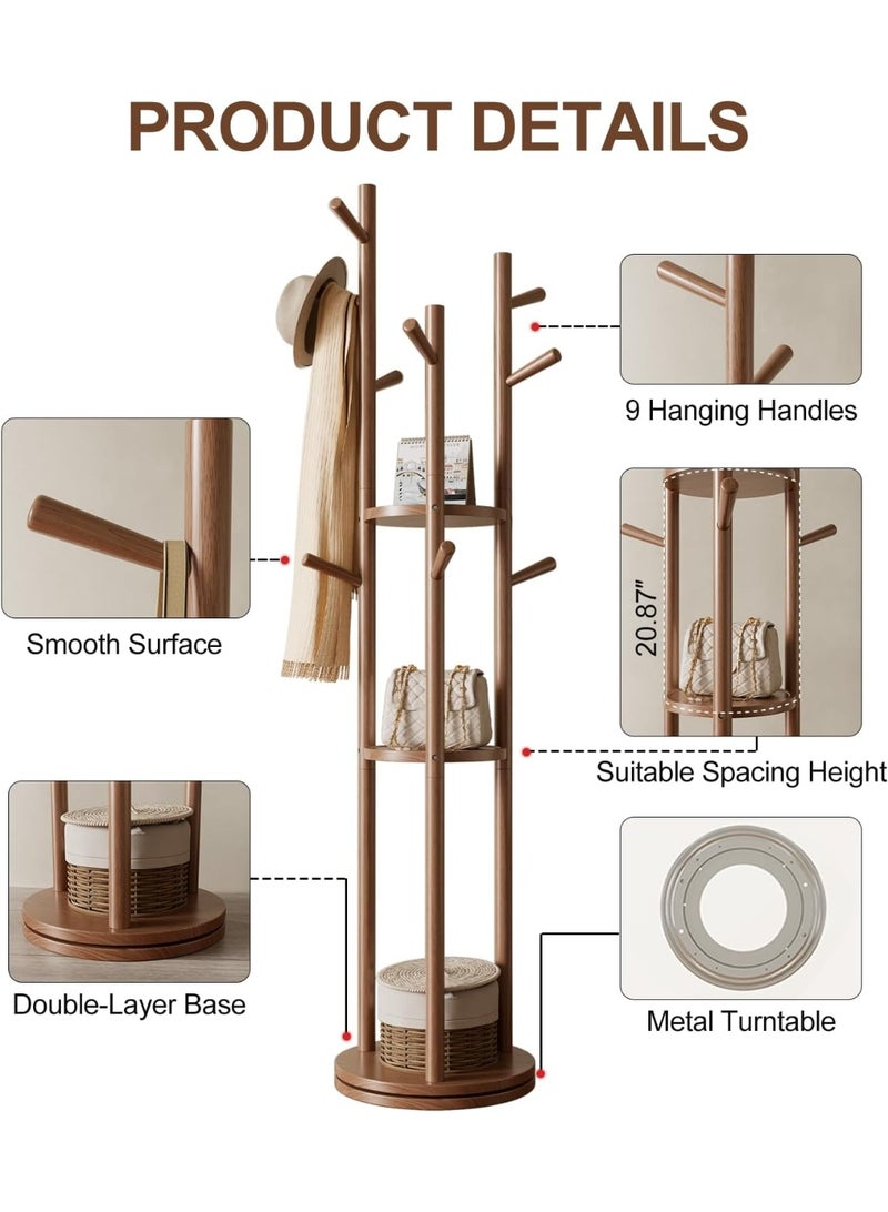 CityRiya-Long Coat Rack, Freestanding Coat Rack with Storage Shelves and Hooks, Rotating Coats Tree, Garment Hanger Stand for Bedroom, Entryway, Clothes Organizer Racks for Robe, Hats, Handbags (Brown) - Image 5