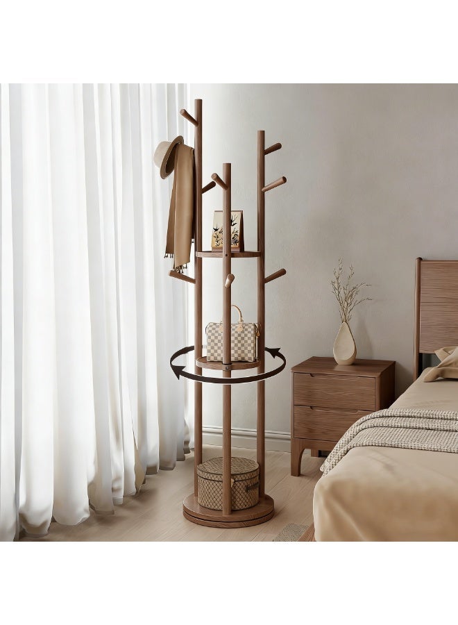 CityRiya-Long Coat Rack, Freestanding Coat Rack with Storage Shelves and Hooks, Rotating Coats Tree, Garment Hanger Stand for Bedroom, Entryway, Clothes Organizer Racks for Robe, Hats, Handbags (Brown) - Image 1