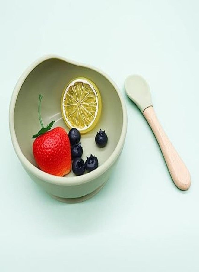 CEPLO Silicone Baby Bowl with Wooden Spoon, Suction Base, BPA-Free, Curved Walls for Self-Feeding, Dishwasher Safe Non-Slip, Non-Toxic, Bpa Free Silicone Baby Feeding Bowl (Green) - Image 2